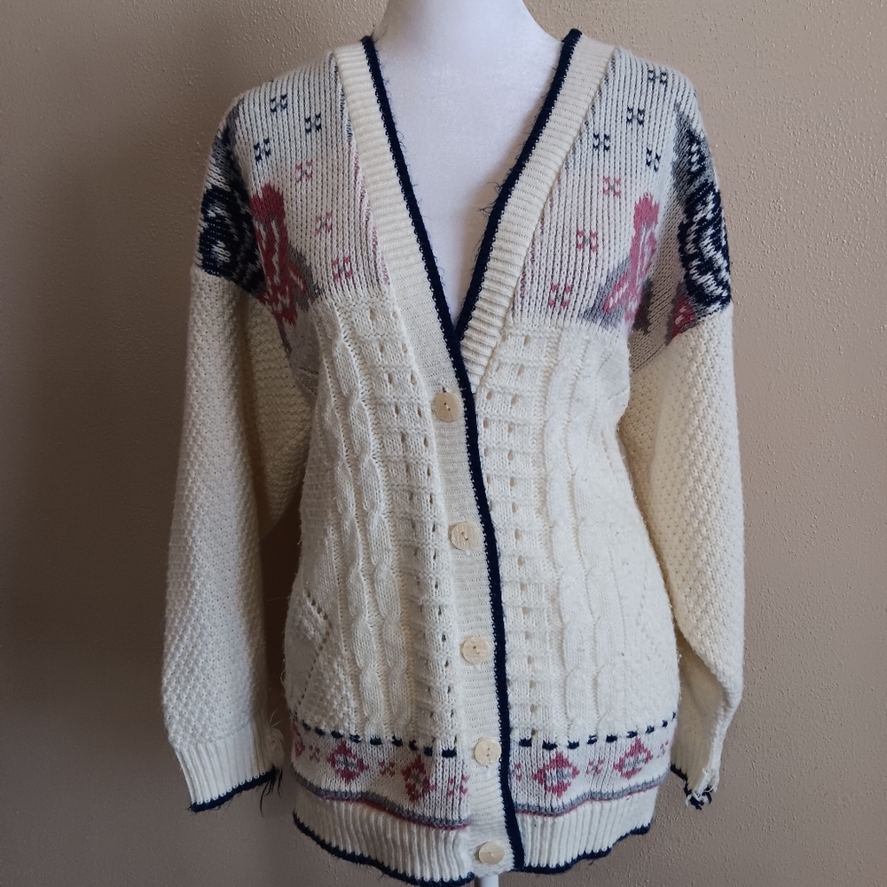 90s Cottage Rose Cream Cardigan Sweater * Flaw, Vintage Cottagecore Knit Fall